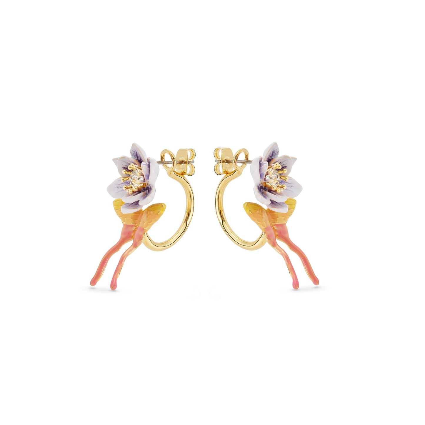 Les Nereides Purple Magnolia Flower And Pink And Yellow Butterfly Post Earrings