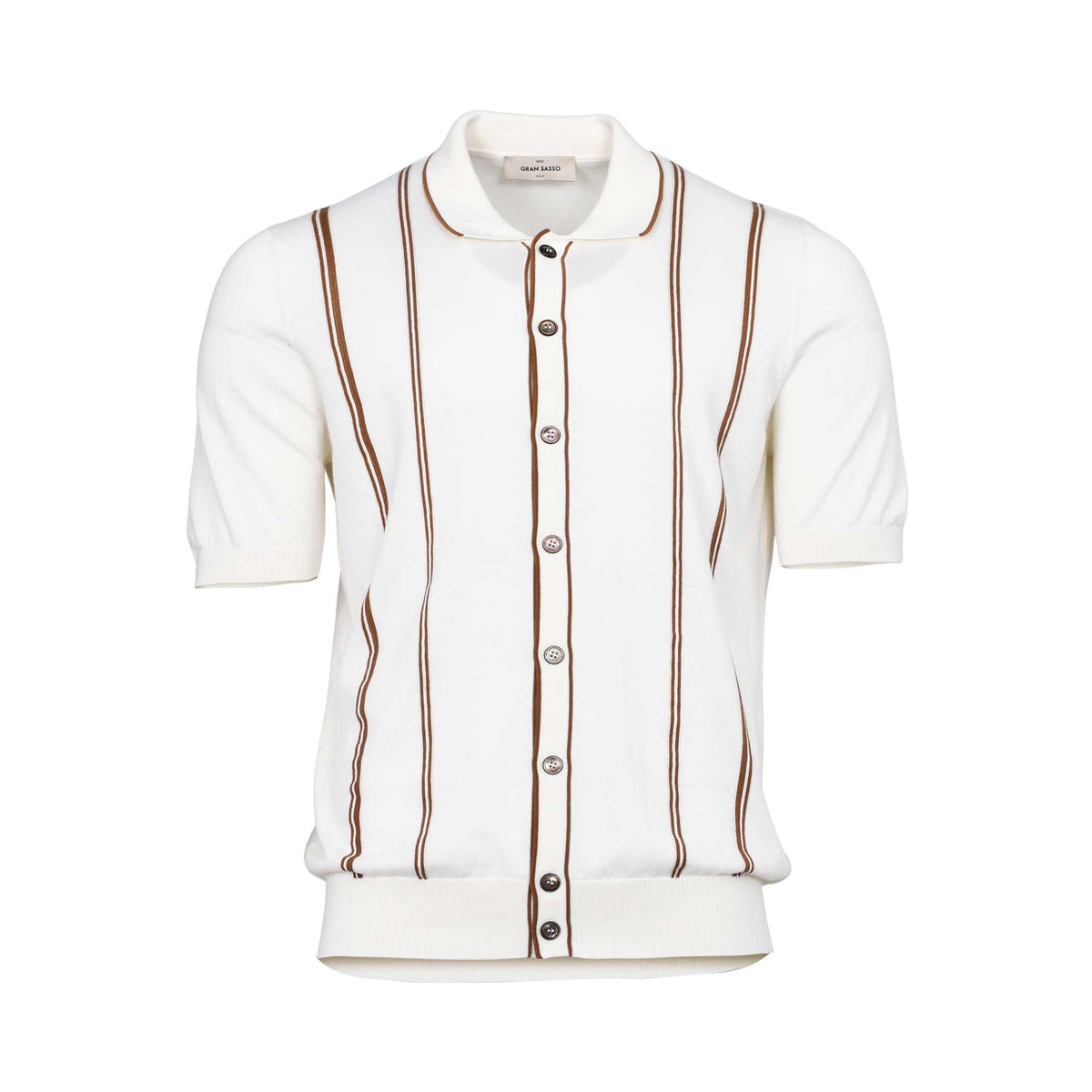 Gran Sasso Men's White Knitted Short-Sleeve Shirt with Brown Stripes