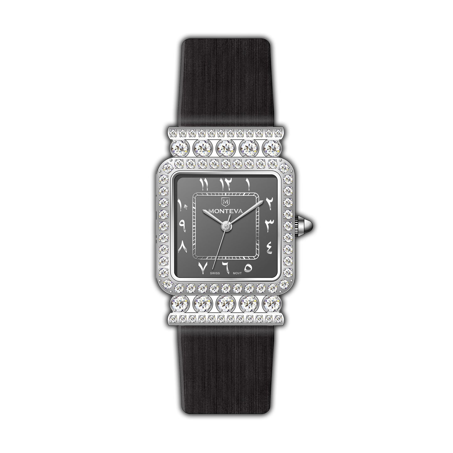 Monteva Chic Odim Ladies Grey Arabic Numerals Dial Silver-Tone Case Black Leather Strap Watch
