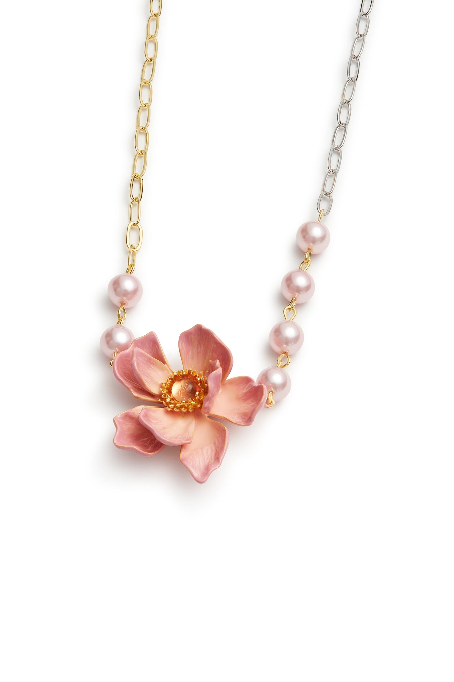 Les Nereides Two-Tone Chain, Large Pink Magnolia Flower And Artificial Pearl Necklace