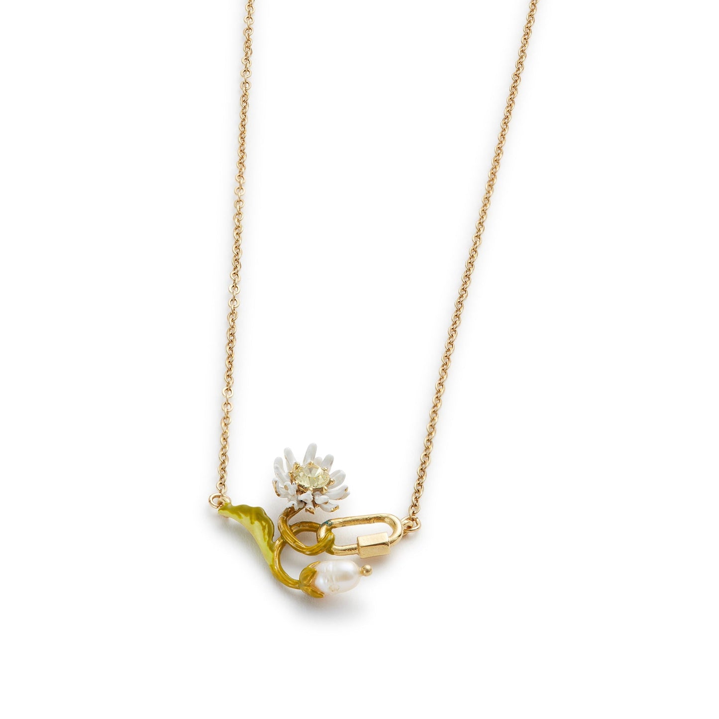 Les Nereides Fine Necklace With White And Green Daisy, Mother Of Pearl Bead And Carabiner
