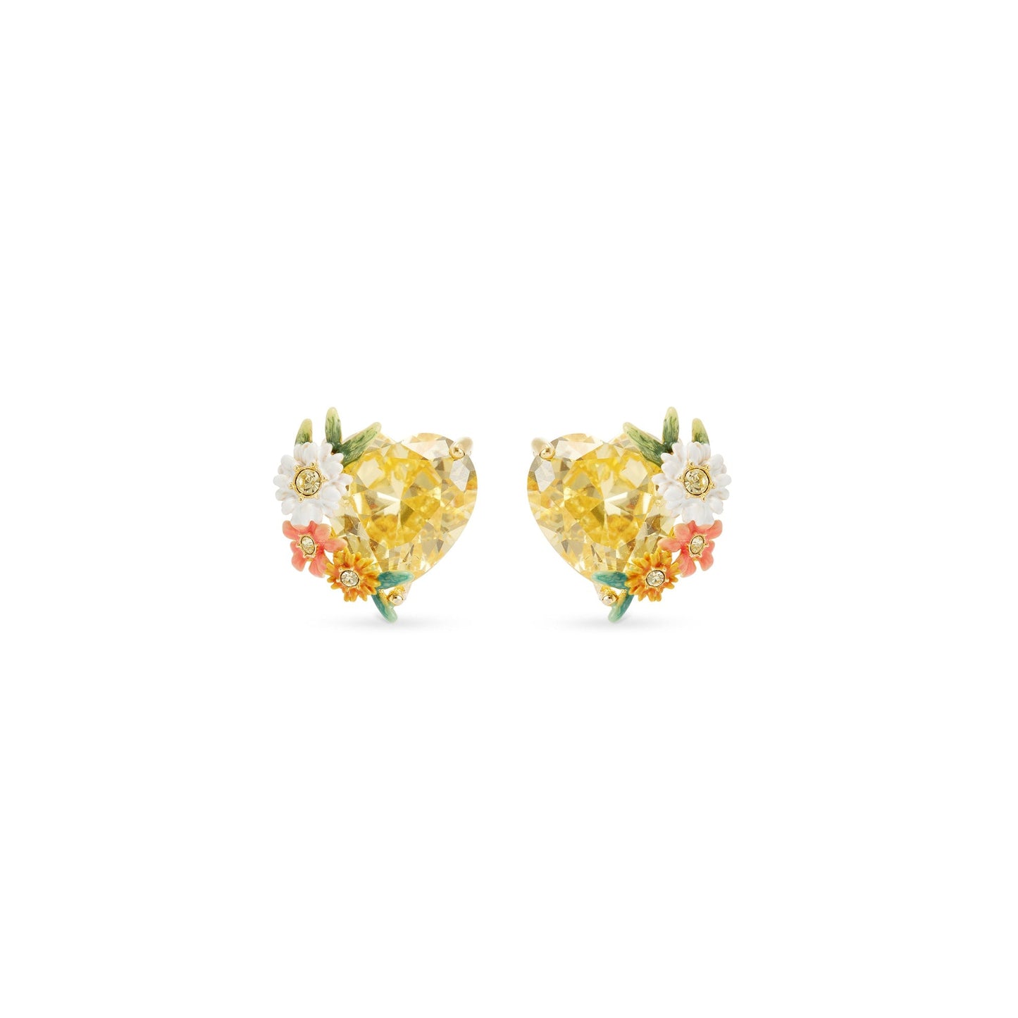 Les Nereides Yellow Heart, Zinnias And Daisies Post Earrings