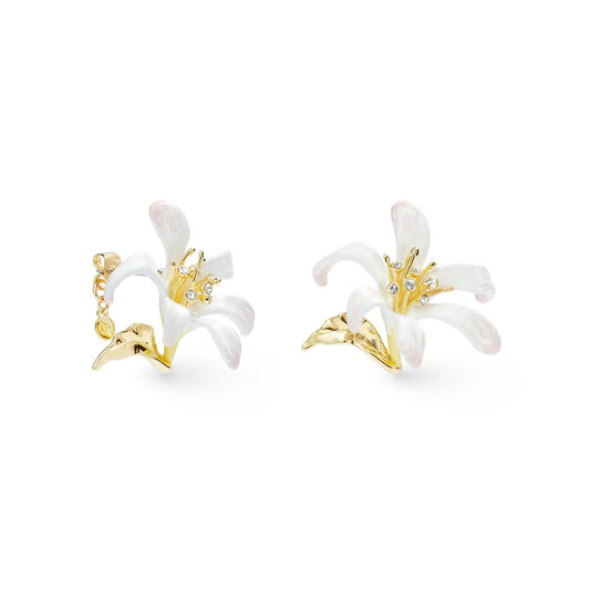 Les Nereides Large White Lily Earrings And Golden Leaves