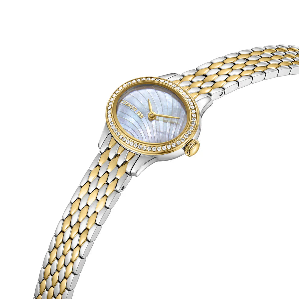 Cerruti 1881 Nemi Ladies Oval White MOP Dial Crystal Bezel Two-Tone Stainless Steel Bracelet Watch