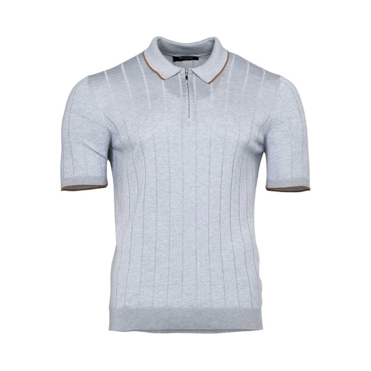 Gran Sasso Men's Ribbed Knit Zip Polo Shirt with Contrast Trim - (Available in Grey & Brown)