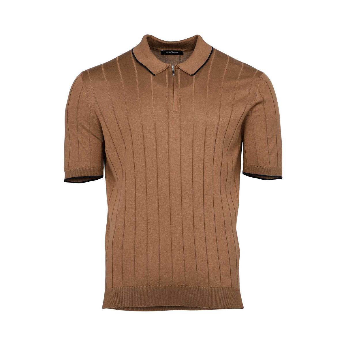 Gran Sasso Men's Ribbed Knit Zip Polo Shirt with Contrast Trim - (Available in Grey & Brown)