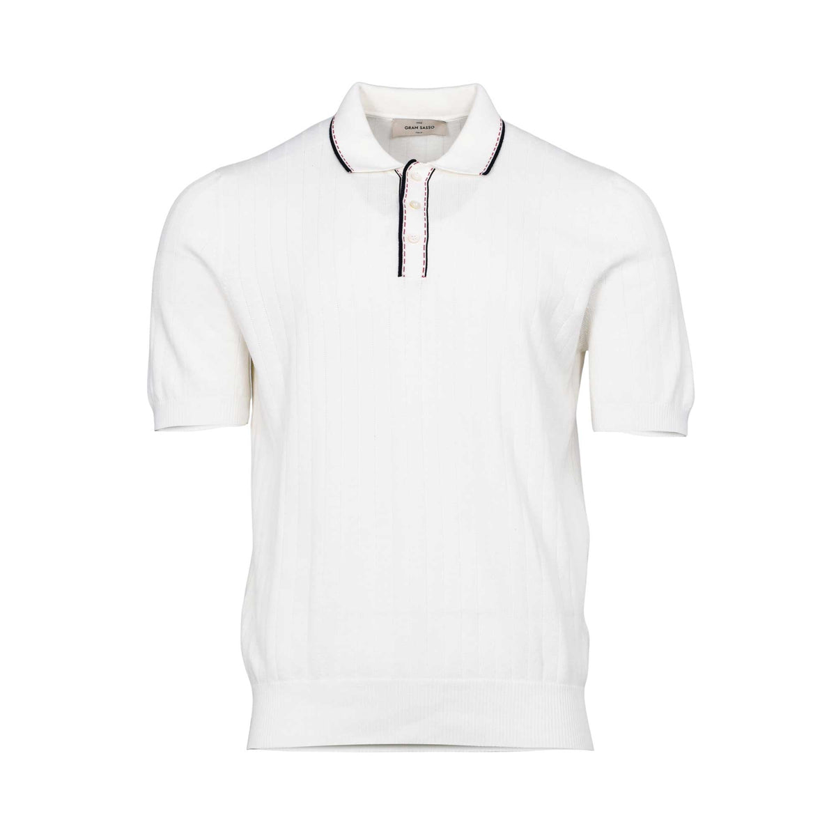 Gran Sasso Men's White Ribbed Knit Polo Shirt with Striped Trim