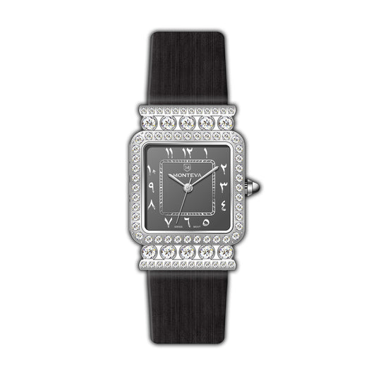 Monteva Chic Odim Ladies Grey Arabic Numerals Dial Silver-Tone Case Black Leather Strap Watch