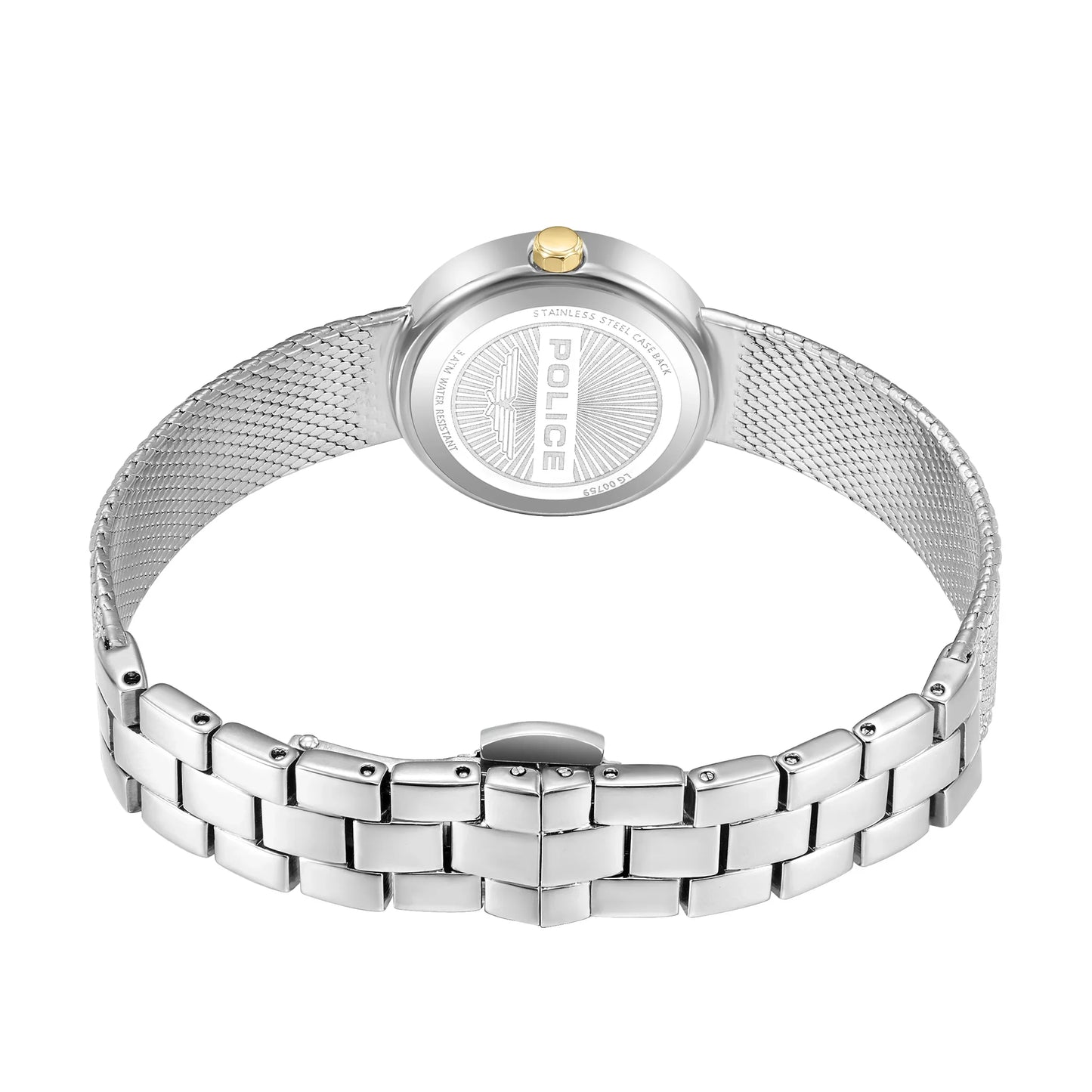 Police Flare Ladies Mother-of-Pearl Dial with Crystal Bezel Two-Tone Analog Mesh Strap Watch