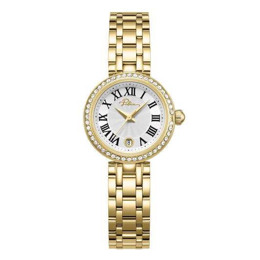 Police Denali Ladies Silver Dial Gold-Tone Analog Watch with Roman Numerals & Crystal Bezel