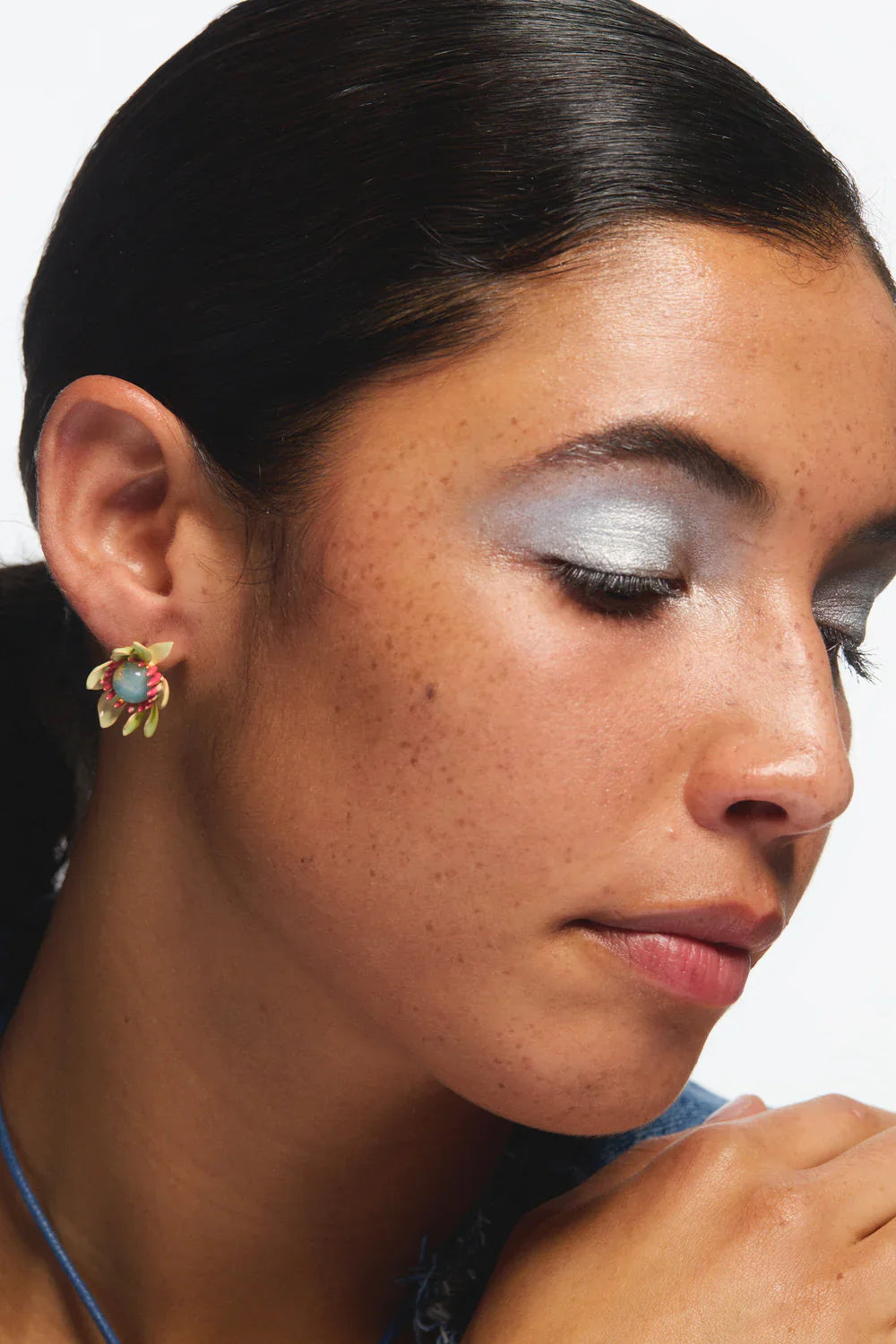Les Nereides Large Magnolia Flower And Blue Cabochon Earrings