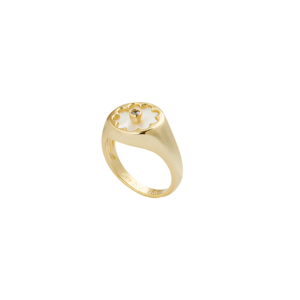 Les Nereides Golden Ring With Mother Of Pearl White Flower