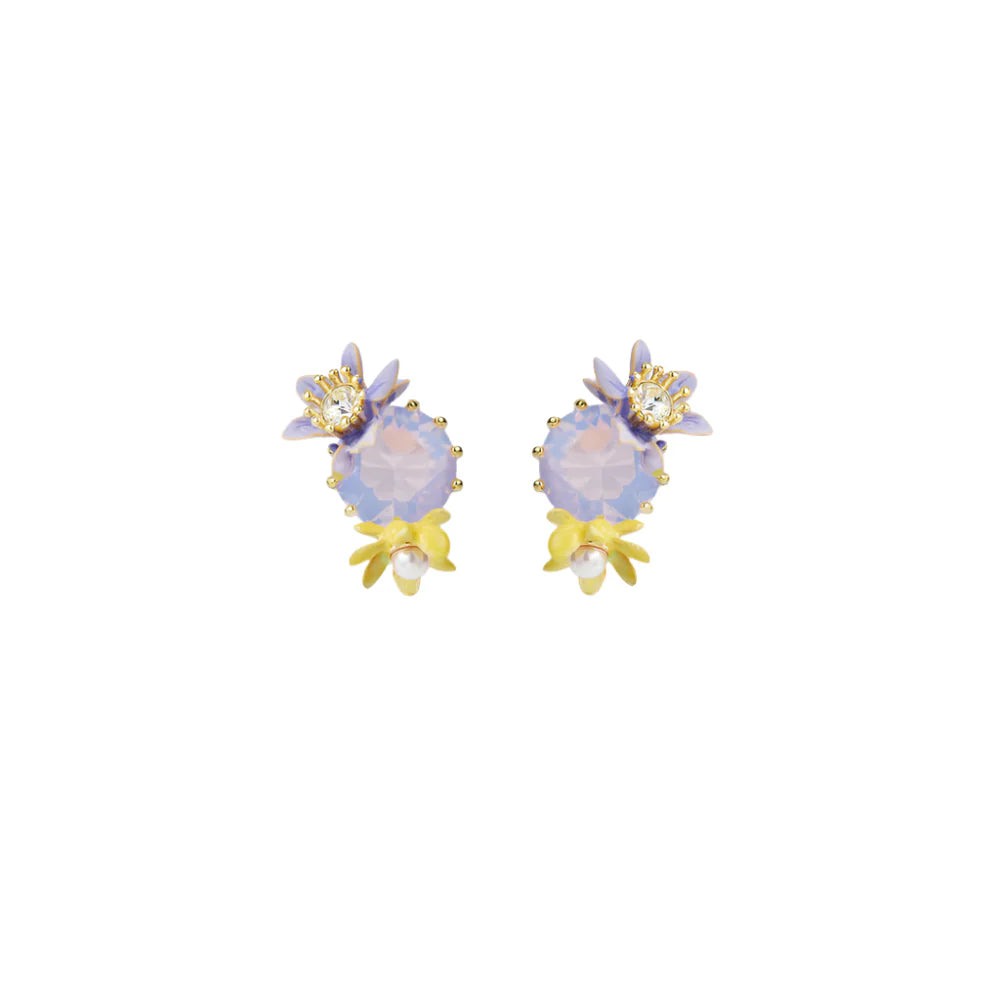 Les Nereides Round Purple Faceted Glass Stone And Magnolia Flower Earrings
