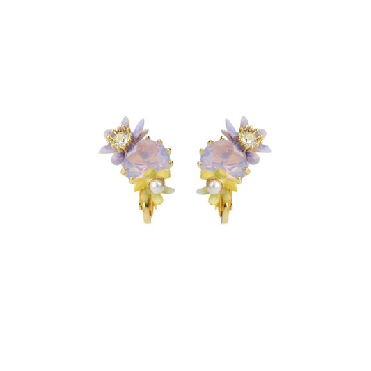 Les Nereides Round Purple Faceted Glass Stone And Magnolia Flower Earrings