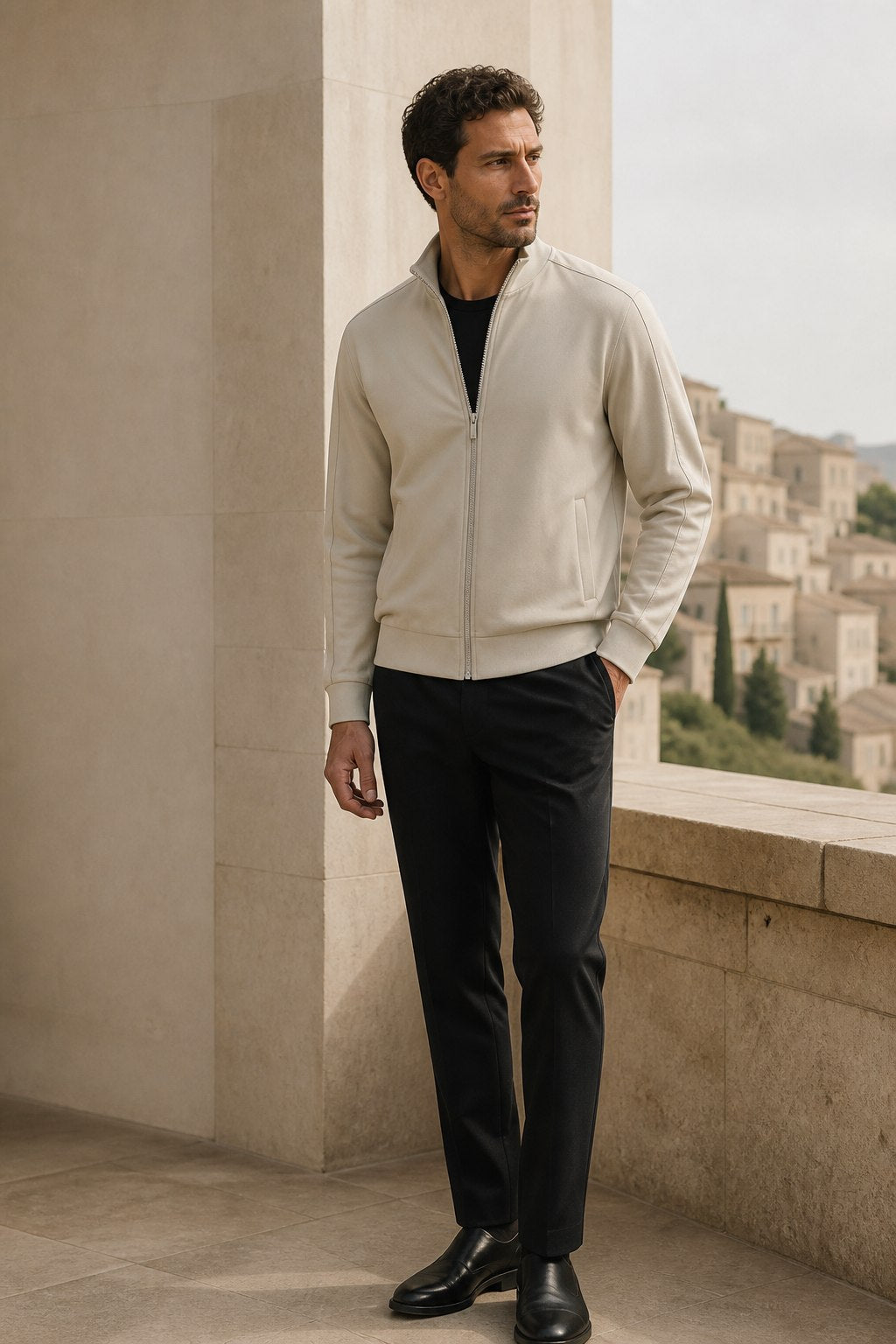 Man wearing a pale stone casual zip jacket