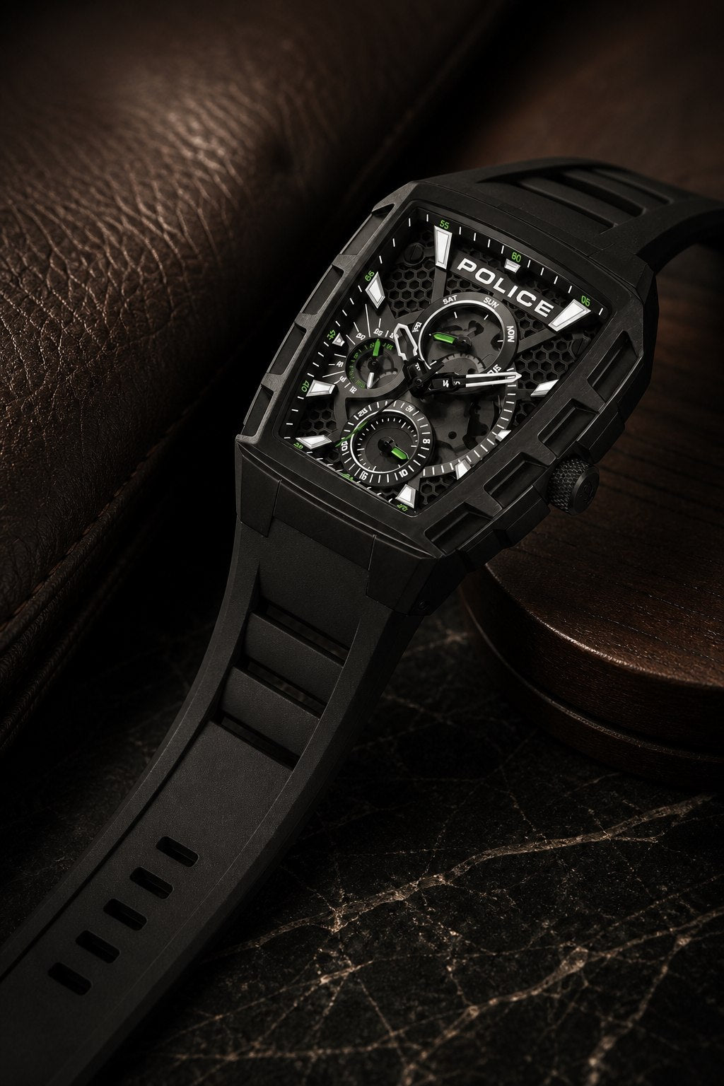 Black Police watch with green dial accents